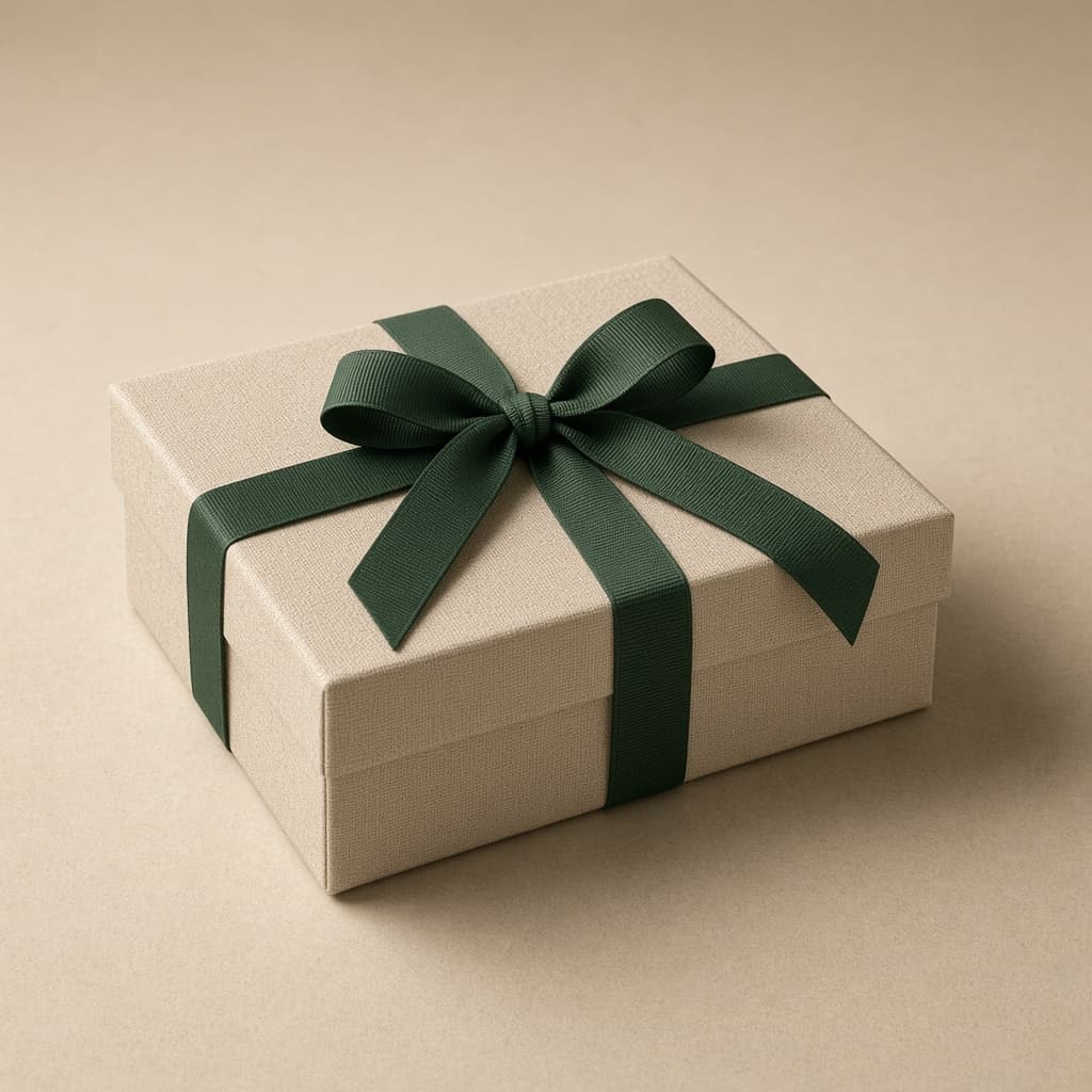 A closed Earnest box with a green ribbon.