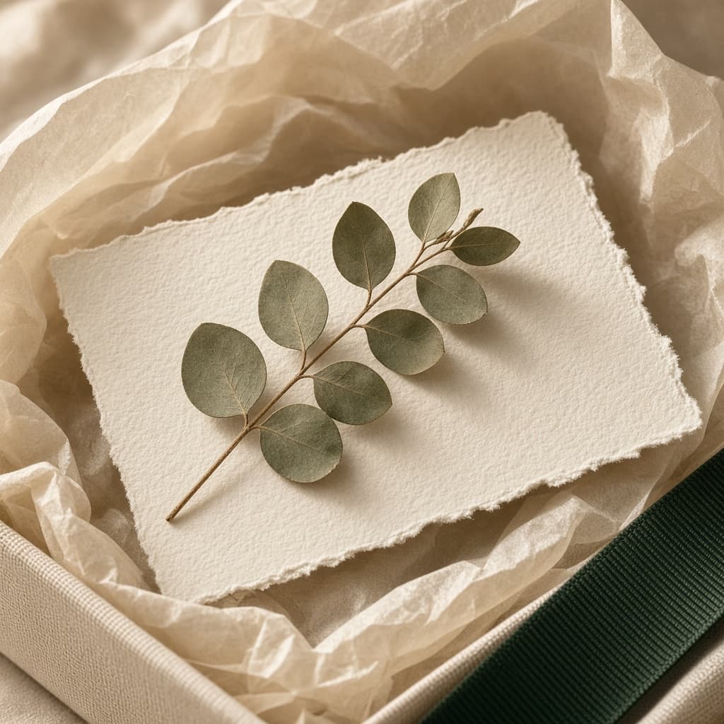 A blank cotton card resting on tissue inside an Earnest box.