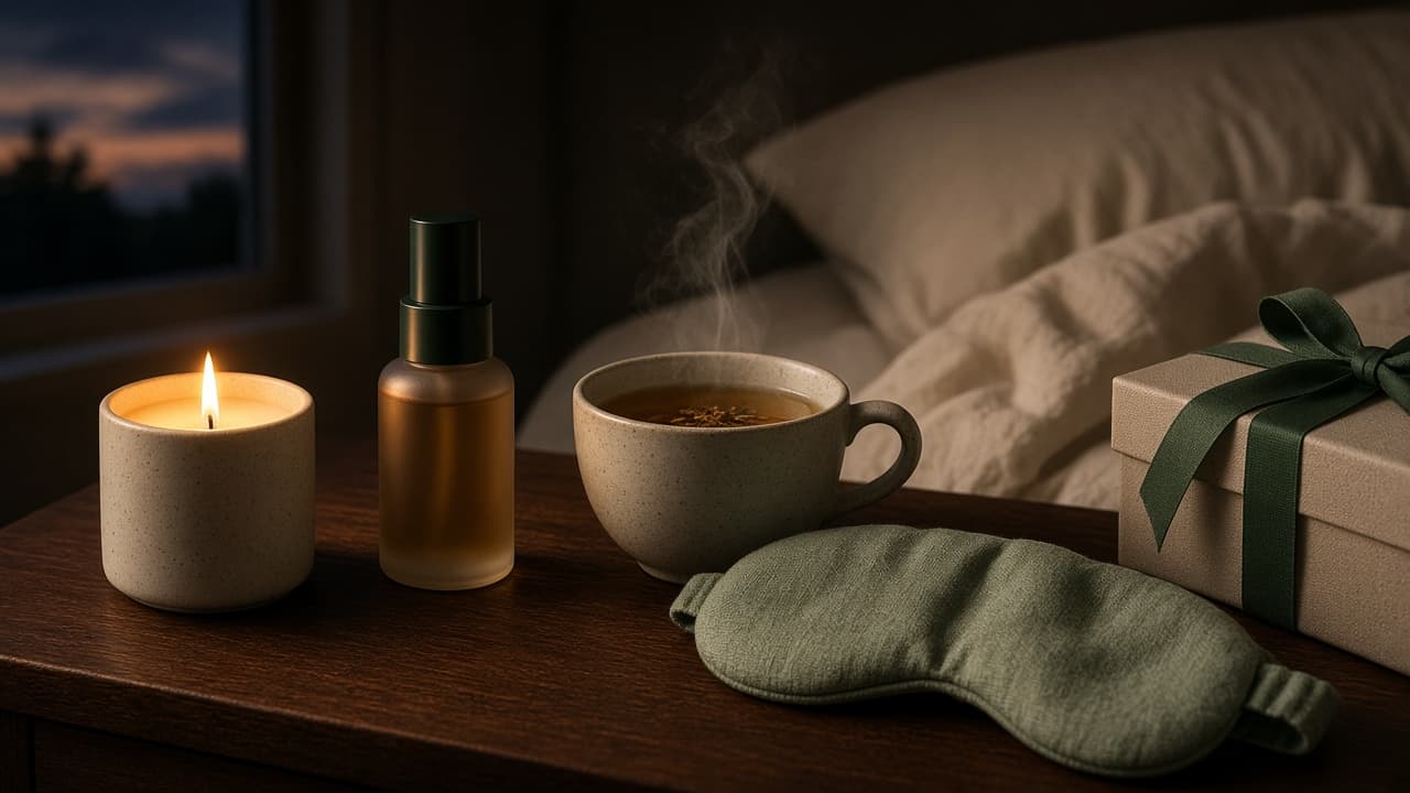 A nightstand at dusk with a lit candle, pillow mist, a cup of tea, a sleep mask and an Earnest box.