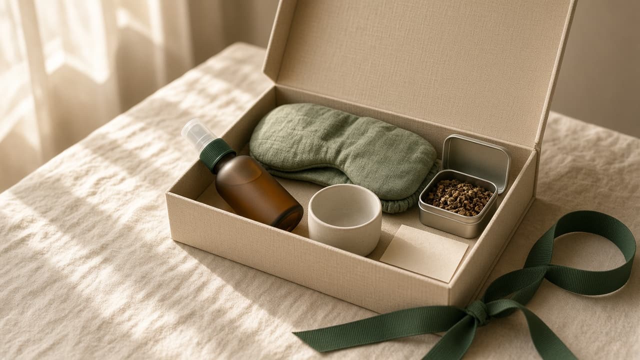 An open Earnest box on a linen table: a sleep mask, pillow mist, tea and a handwritten card.