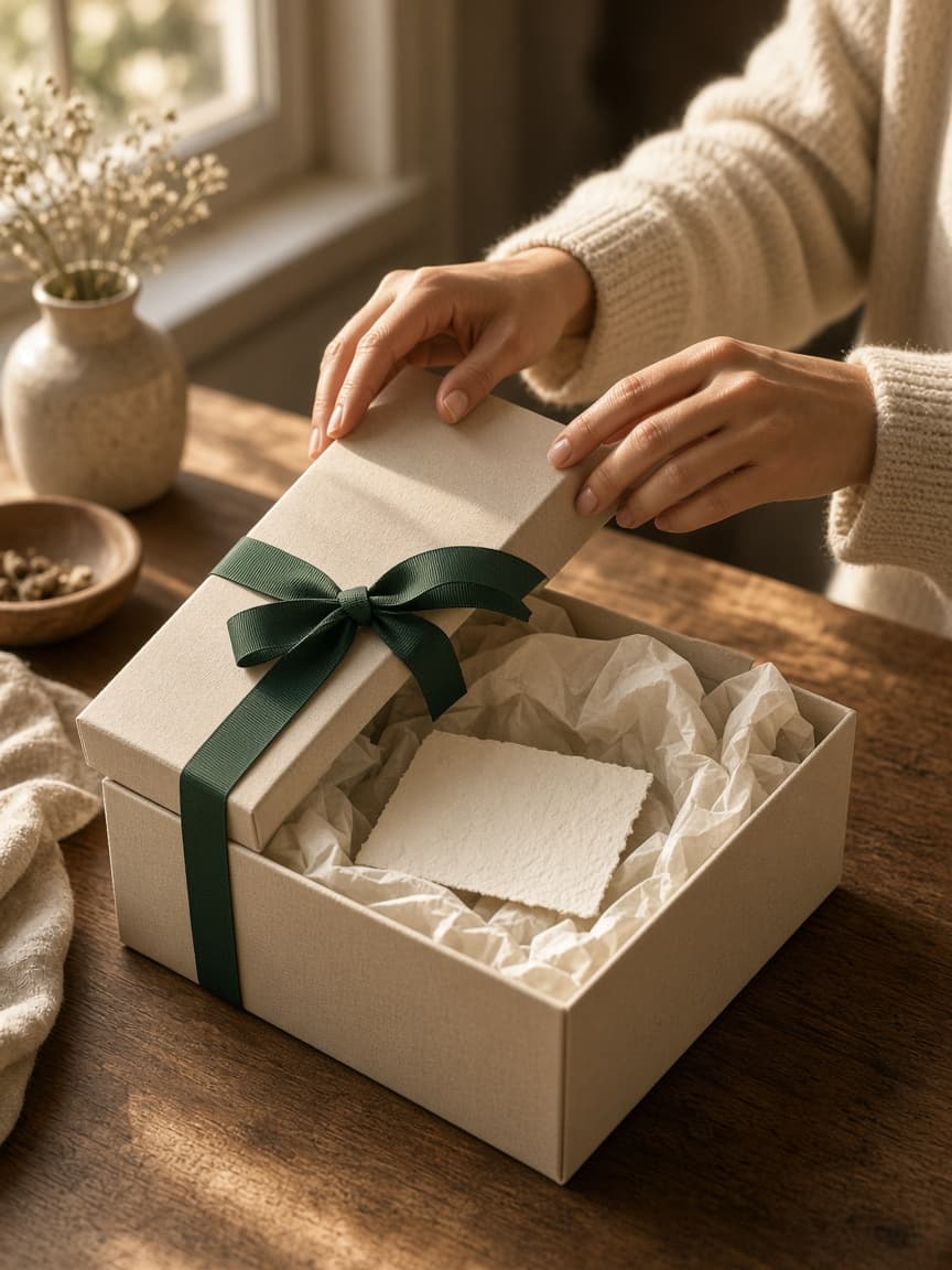 Hands lifting the lid from an Earnest box tied with a green ribbon.